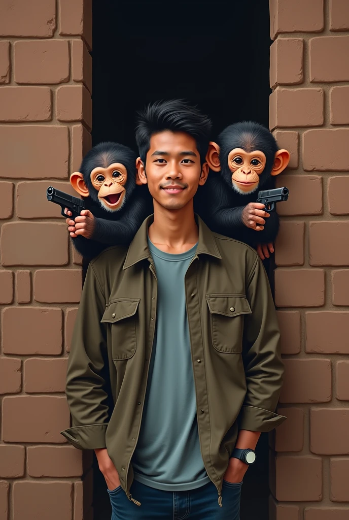 young Indonesian man with two baby chimpanzees peeking out from behind a vertical brown brick wall. They are stacked on top of each other. Every baby chimpanzee has big, round eyes. the lower chimp is pointing a gun at you. The background is a dull brown, likely representing a brick wall, and the chimpanzees appear to be in a cheerful or curious mood.