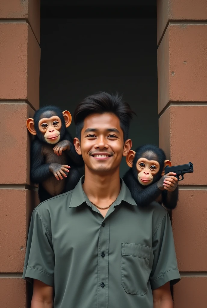 young Indonesian man with two  chimpanzees peeking out from behind a vertical brown brick wall. They are stacked on top of each other. Every babympanzee has big, round eyes. the lower chimp is pointing a gun at you. The background is a dull brown, likely representing a brick wall, and the chimpanzees appear to be in a cheerful or curious mood.