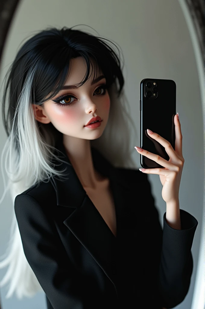 Create a mirror selfie with a phone on hands of a sexy doll with black and white hair