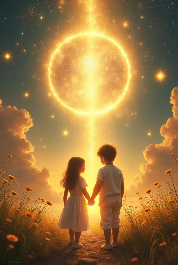 (photorealism:1.2), “You shall love your neighbor as yourself," resounded in the firmament, Guiding every action towards peace. Under the cloak of unconditional love, A sanctuary was erected where peace flourished like an eternal garden of light and wisdom.. Every act of kindness was transformed into a heavenly symphony, A testimony to the transformative power of love, revealing that “where there is love, There is life.”In this kingdom of light and love, Peace not only flourished, but expanded like an infinite constellation, Enveloping every corner of the cosmos and transforming the storm into an eternal dawn of harmony and unity, souls of light united by a golden ring a bright baby with his sister nearby