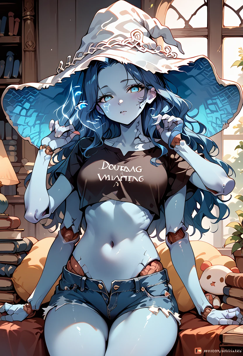 masterpiece,High resolution,Highest quality,8k
(Ranni the witch)(((Deep blue skin,Doll joints,Four arms)))(Black crop top,Denim shorts,Belly button)