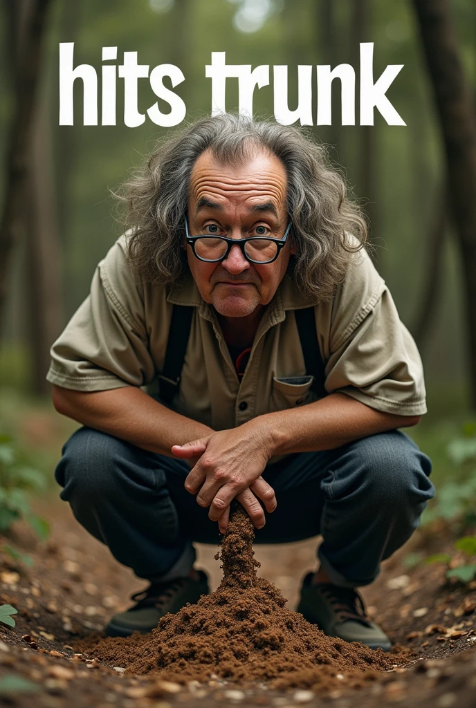 generate an image with a round glasses guy with long curly hair shitting a log with the movie title: shits trunk