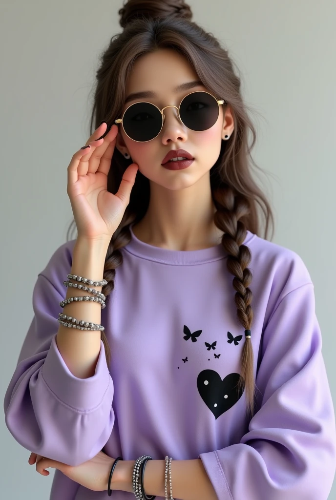 "Create an image of a young woman with long, wavy brown hair styled with two side braids on top, wearing round black sunglasses with a gold frame. She has a neutral facial expression with dark lipstick. She is touching her ear with her right hand, and she is wearing multiple silver and beaded bracelets on her left wrist. The woman is dressed in an oversized lavender T-shirt with a black print featuring a heart shape with butterflies and small dots on the left side of the chest. The background should be a plain, light gray color."