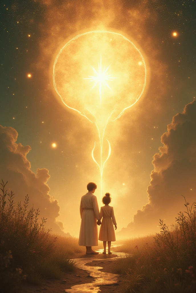 (photorealism:1.2), “You shall love your neighbor as yourself," resounded in the firmament, Guiding every action towards peace. Under the cloak of unconditional love, A sanctuary was erected where peace flourished like an eternal garden of light and wisdom.. Every act of kindness was transformed into a heavenly symphony, A testimony to the transformative power of love, revealing that “where there is love, There is life.”In this kingdom of light and love, Peace not only flourished, but expanded like an infinite constellation, Enveloping every corner of the cosmos and transforming the storm into an eternal dawn of harmony and unity, souls of light united by a golden ring a bright baby with his sister nearby