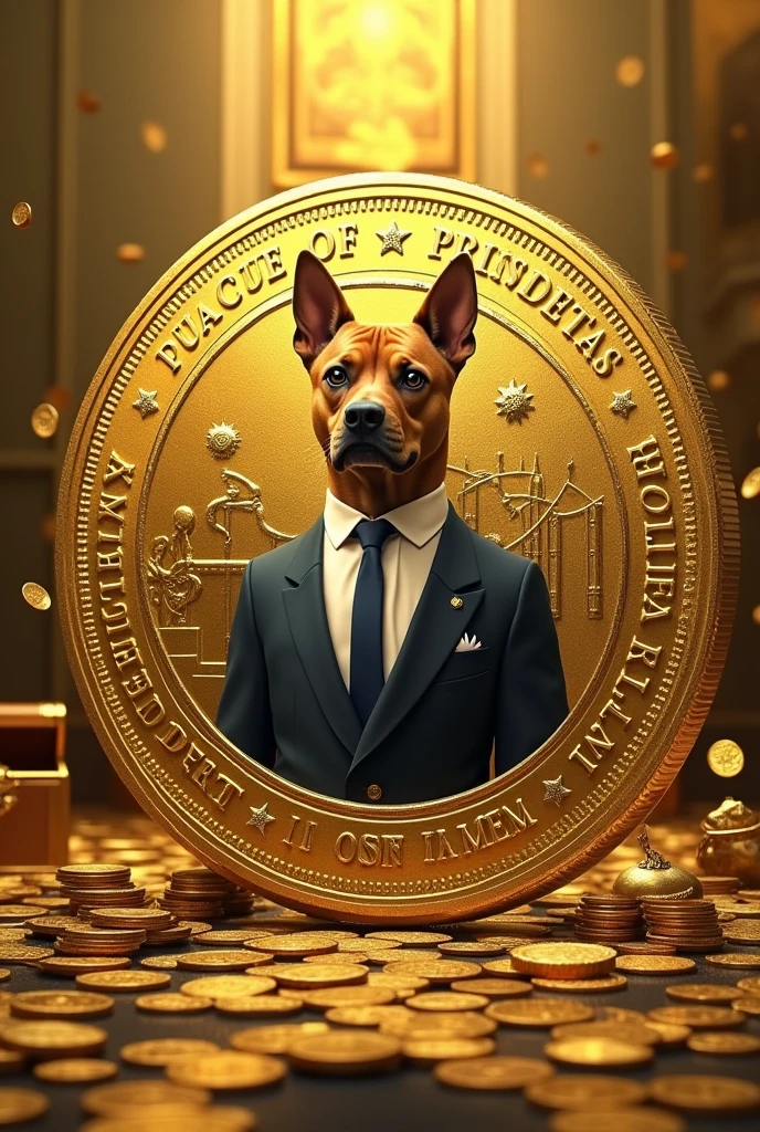 a dog minted in the center of a gold coin, gold background, using a tie and suit as traditional currencies, president of brazil, crypto coin coined drawing deals with meme coin, bitcoin similar to bitcoin currency, brazil, surreal, brad, photo realist, I can&#39;t believe it&#39;s real, 🪙💸🇧🇷, brazil, jeneral, design in the center of a round gold coin with shiny details, On a bench, treasure chest, money, Grana, surreal coin, exclusivo
