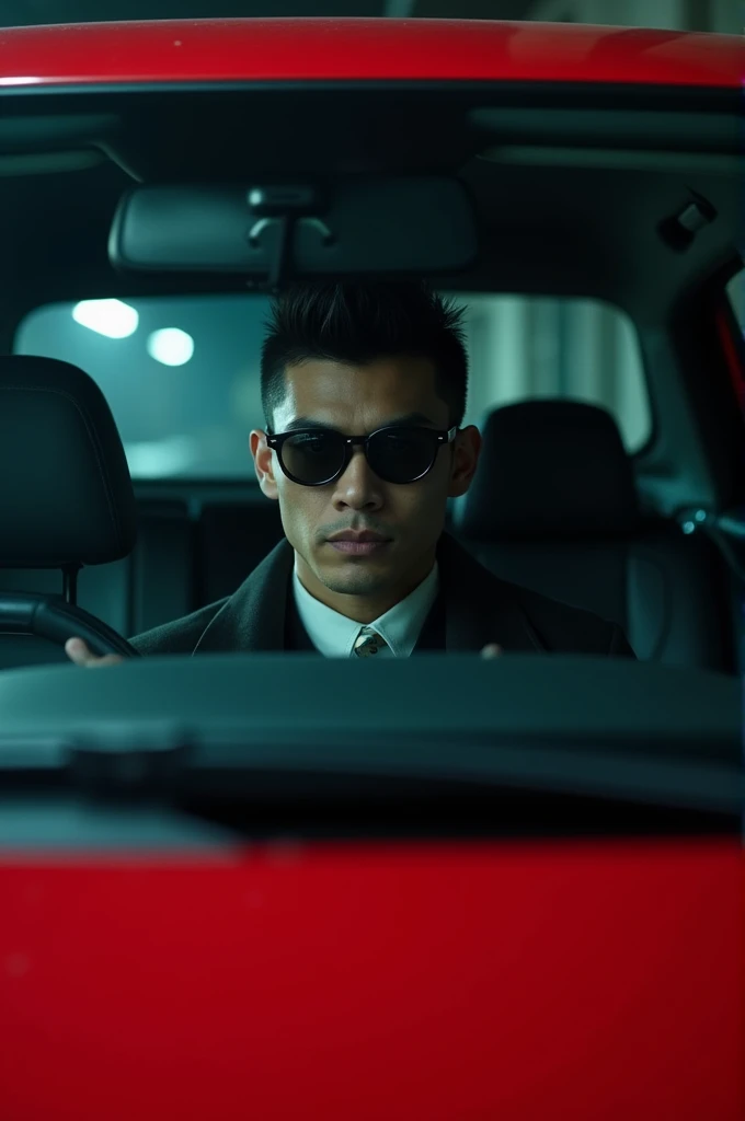 It's a dark-haired guy with flat top and round sunglasses inside a red Civic Si generation 8 and a briefcase of money on the passenger seat