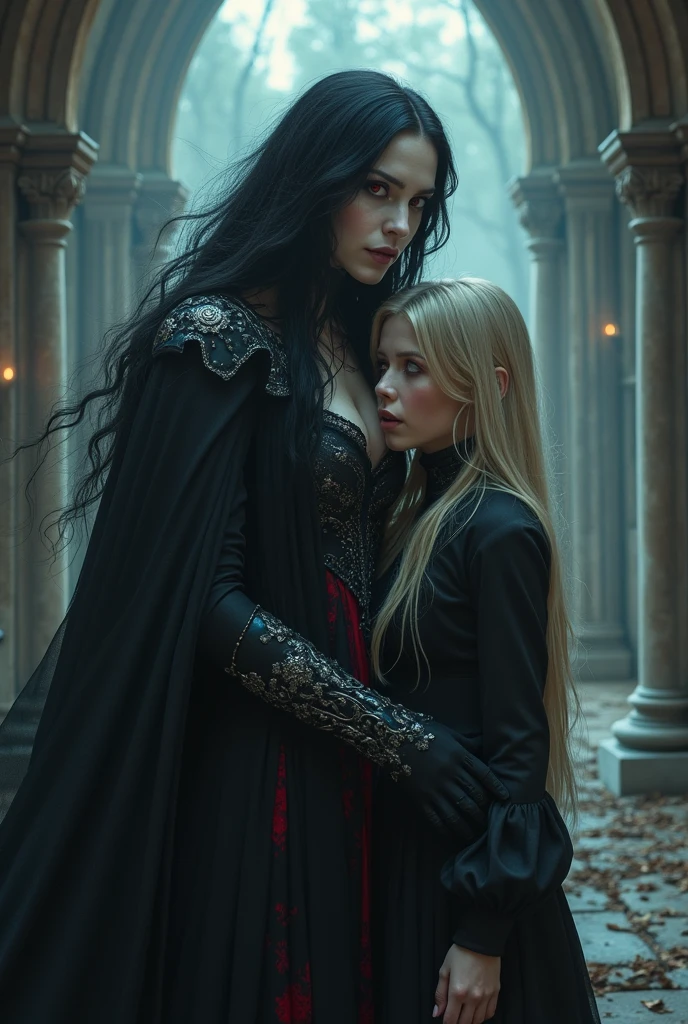 Create a book cover featuring a stylish and powerful vampire, with long black hair, bright red eyes and flawless pale skin. She wears a dark gothic dress with silver or red details., with an intense and mysterious expression, approaching another girl next door. The girl next door looks intrigued or scared, with light hair and modern clothes. The background is an ancient and mysterious castle, with soft lighting that highlights the figures.