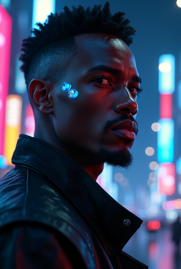 a man who is half black and half asian, love, cyberpunk style, glowing cybernetic implants, neon cityscape background, dramatic lighting, moody color palette, cinematic composition, photorealistic, 8k, hyper detailed