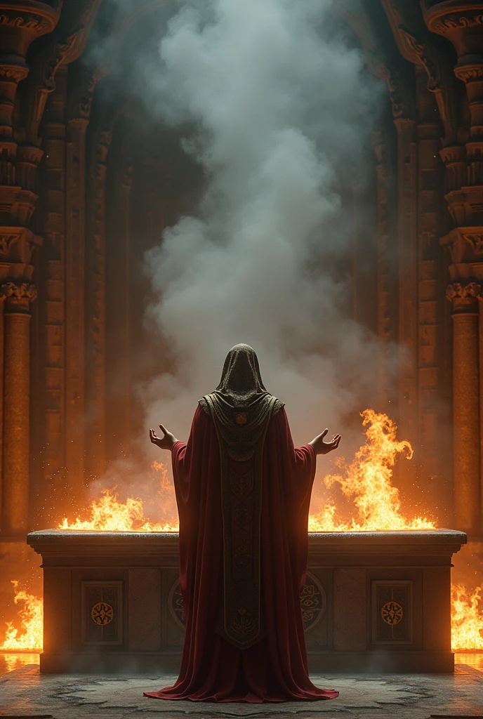 Offering a lamb in the alter with fire and smoke
