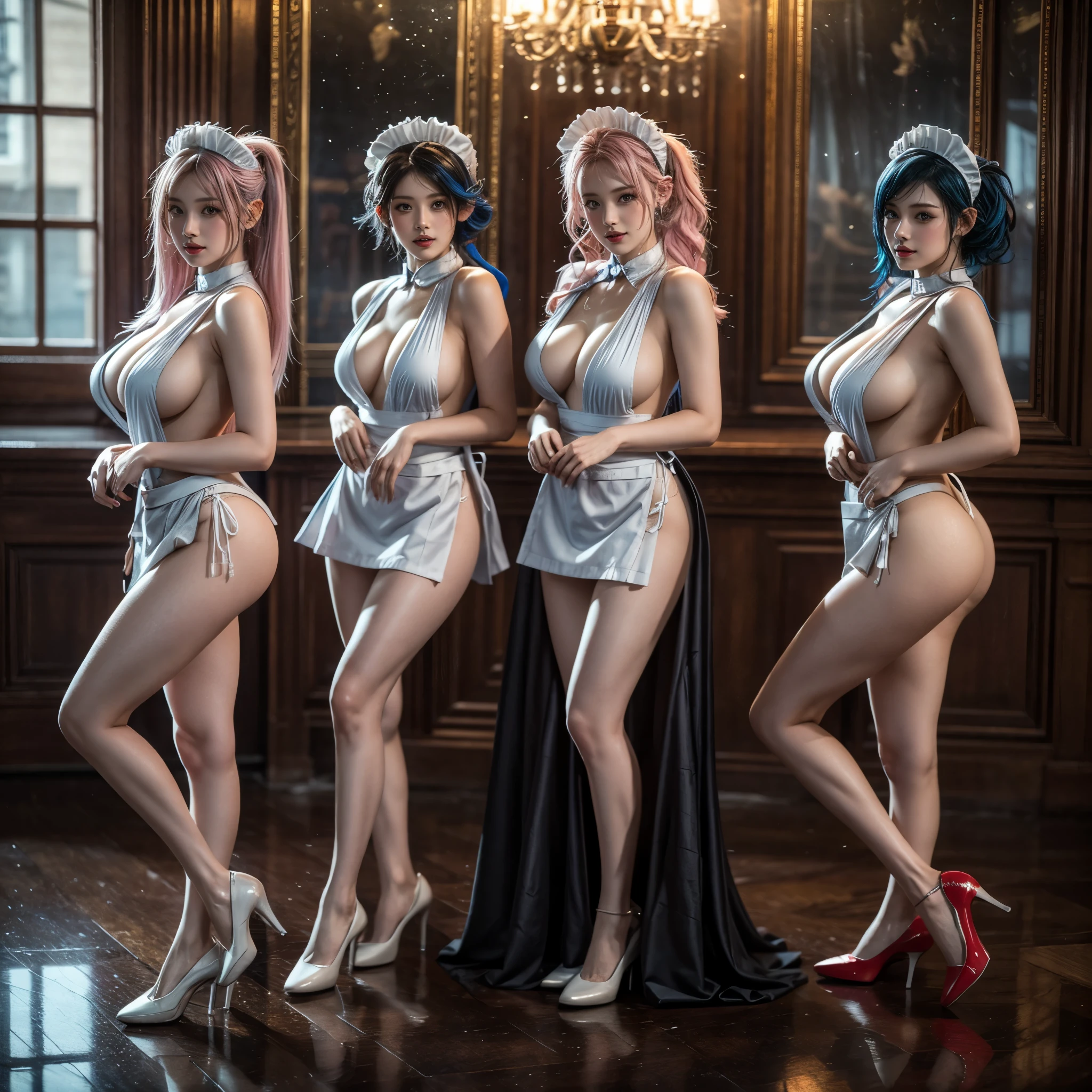 (Full Body of Extremely Detailed((Sexy Maid Group in a row:1.37))), KAWAII perfect face with Reflective Eyes, Detailed(Delicate Clothing textures), Correct Graceful Legs, Dynamic Joyful Expressions LifeLike Rendering, Specular Reflection, TopQuality 8K Ultra-detailed masterpiece (ProfessionalPhoto:1.37), (Acutance:0.8), (Luminism:1.28), Renaissance art style, Colorful Light particles, (Full body from side) {MicroMini Skirt|Kissing Face to Face|Thigh Gap|Cute Peach AssFocus|(NakedApron with (Overflowing Sideboob))}, Radiant Fine Skin with Transparency, {Pink Hair|LightBlue Hair|Blonde|Pure White Hair|Liquid Hair|Red Shoes}, Perfect Lighting