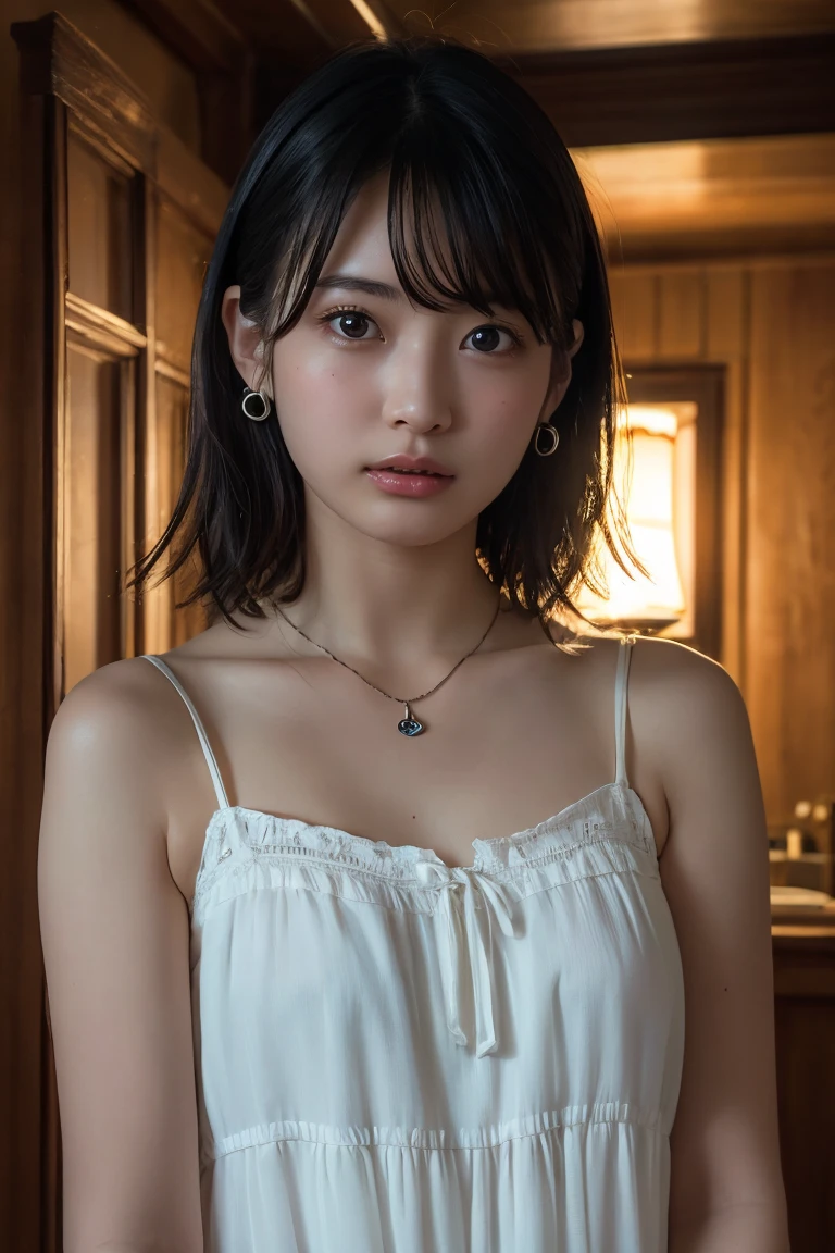 (Highest quality:1.4)，(masterpiece:1.4)，(Realistic:1.4)，(Realistic:1.2)，(超High resolution， RAW Photos:1.4)，(High resolution， Ultra-detailed:1.2)，(8k:1.2)，View your viewers，Cinematic photography，One person，skeletally correct，Black-haired woman，Woman in her early 20s，(Small earrings，necklace，Mellow frill tiered cami dress)，（Western-style building interior，Dimly lit room，The lamplight shines on my cheeks）