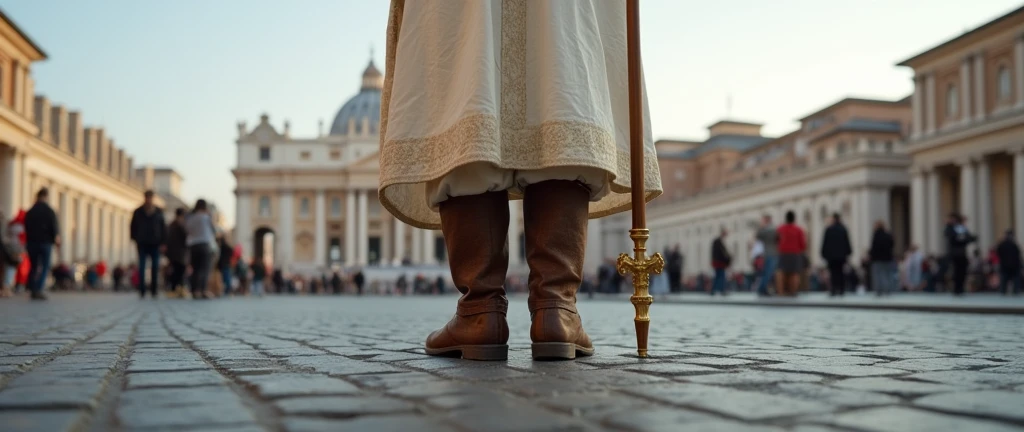 The camera is on the ground and the focal point of the image is the close on the boots of a back view of Pope's wearing a rustic laceless, brown, high-top leather boots, typical of field workers. The Pope wears a white tunic decorated with papal insignia, a cloak and a long golden papal scepter with a cross on the top next to him . The background is a panoramic view of St. Peter's Square in the Vatican, crowded with tourists. The scene captures the moment of religious significance and the historical and artistic richness of St. Peter's Square. Ultrarealistic Ultrarealistic photo, 16k, ultra high resolution, photorealistic, Ultra HD.