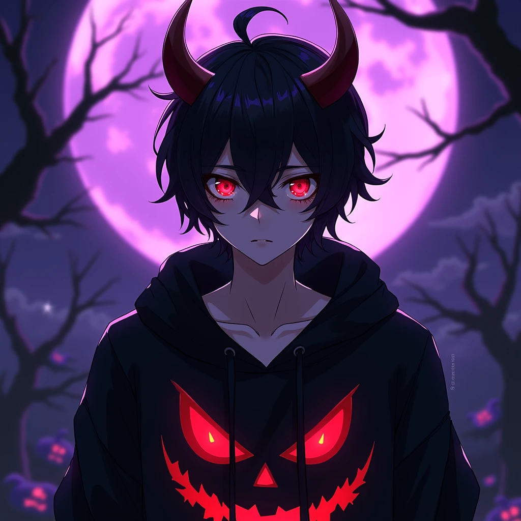 High resolution, Highest quality, masterpiece, Attention to detail, Black Hair, Medium Hair,Portraits, Horns of the beast,Red glowing eyes,male,Anime Style,Jack O'Lantern Black Hoodie'-Lantern design,The purple full moon is shining,The word HAGUKIX