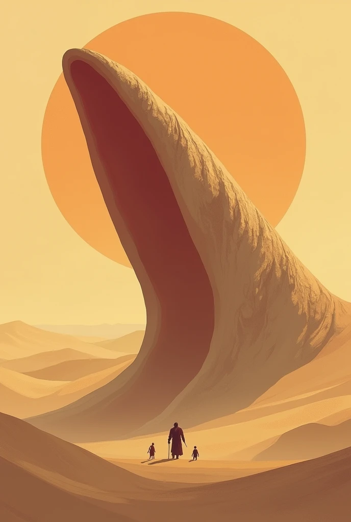 "Create a minimalist, stylized art piece inspired by the movie Dune (2021). The scene should depict the entire colossal sandworm fully emerged from the desert sands, with its massive, gaping maw facing the viewer. Use bold, contrasting colors and clean lines typical of Olly Moss's style. The sandworm should dominate the composition, stretching across the frame with its textured body curving through the dunes. Small silhouettes of Paul Atreides and the Fremen can be seen in the foreground, emphasizing the immense scale of the creature. The background should be a gradient of desert tones, with the setting sun casting dramatic shadows.