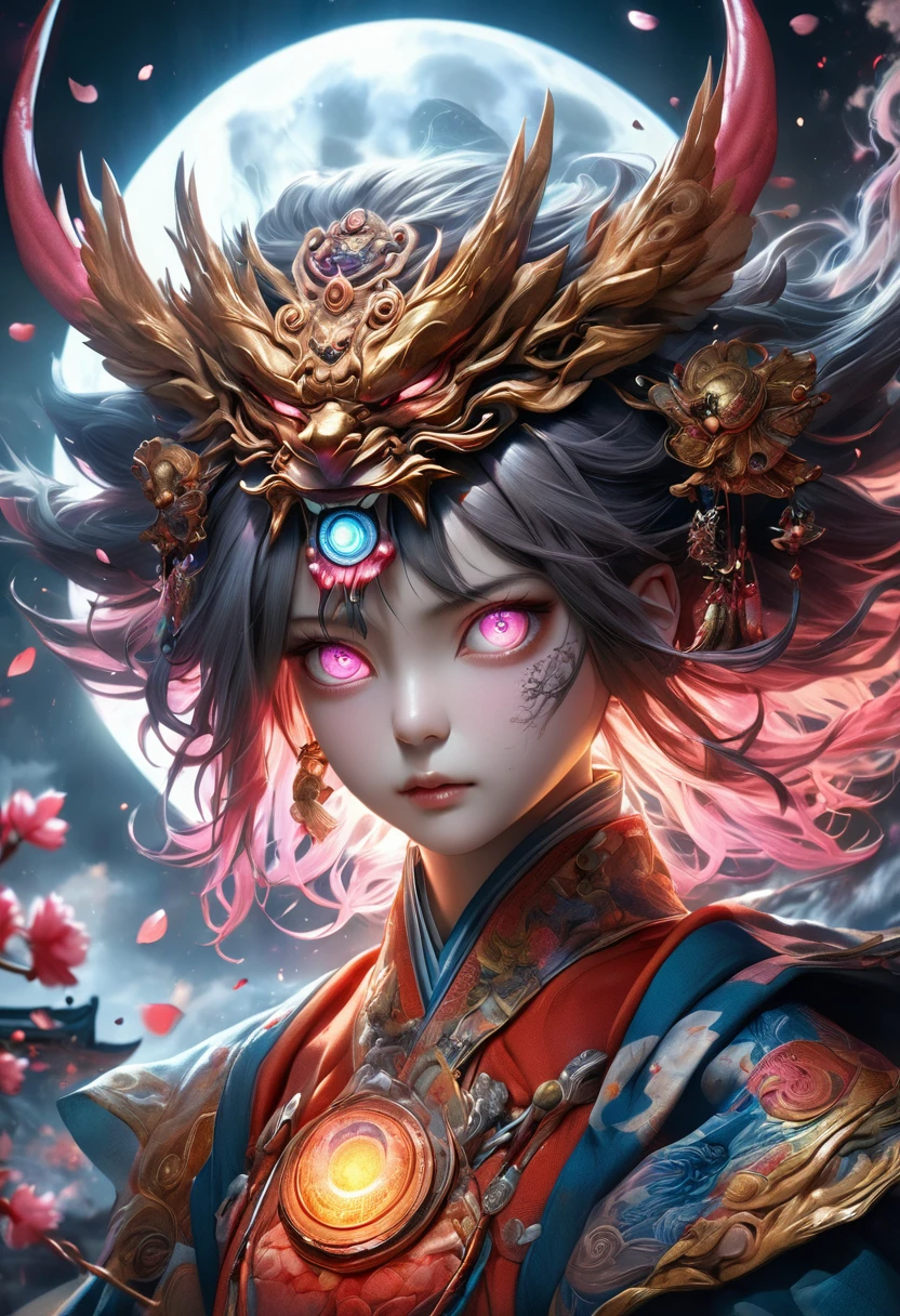 a highly detailed and surreal photographic image, fantasy, Akira Hasegawa, Tengu moon deity, intricate and complex, poster, art station, (best quality,4k,8k,highres,masterpiece:1.2),ultra-detailed,(realistic,photorealistic,photo-realistic:1.37),portrait,concept art,dramatic lighting,dark moody atmosphere,rich colors,glowing aura,detailed facial features,piercing eyes,sharp focus,ornate costume,powerful presence,floating in air,sakura petals,full moon