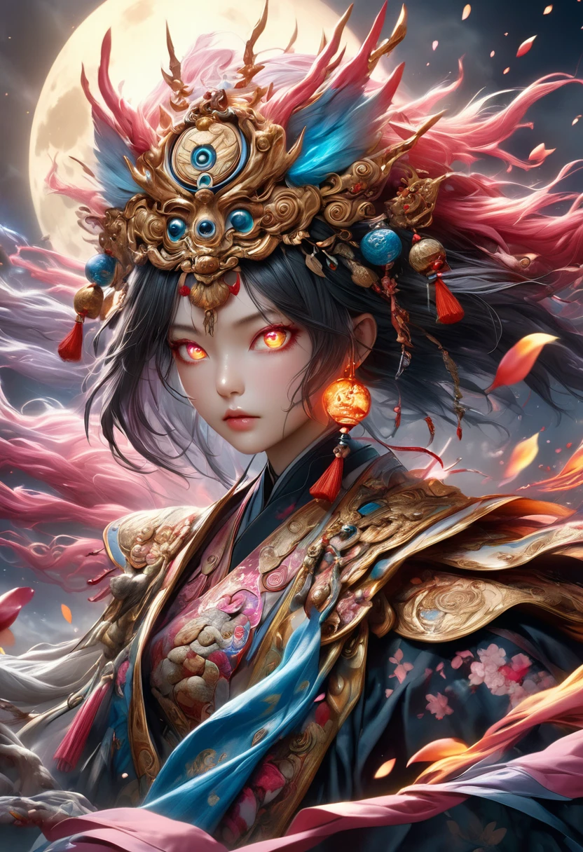 a highly detailed and surreal photographic image, fantasy, Akira Hasegawa, Tengu moon deity, intricate and complex, poster, art station, (best quality,4k,8k,highres,masterpiece:1.2),ultra-detailed,(realistic,photorealistic,photo-realistic:1.37),portrait,concept art,dramatic lighting,dark moody atmosphere,rich colors,glowing aura,detailed facial features,piercing eyes,sharp focus,ornate costume,powerful presence,floating in air,sakura petals,full moon