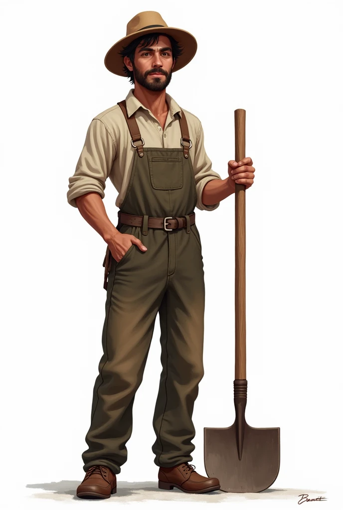Young farmer holding a hoe on a white background