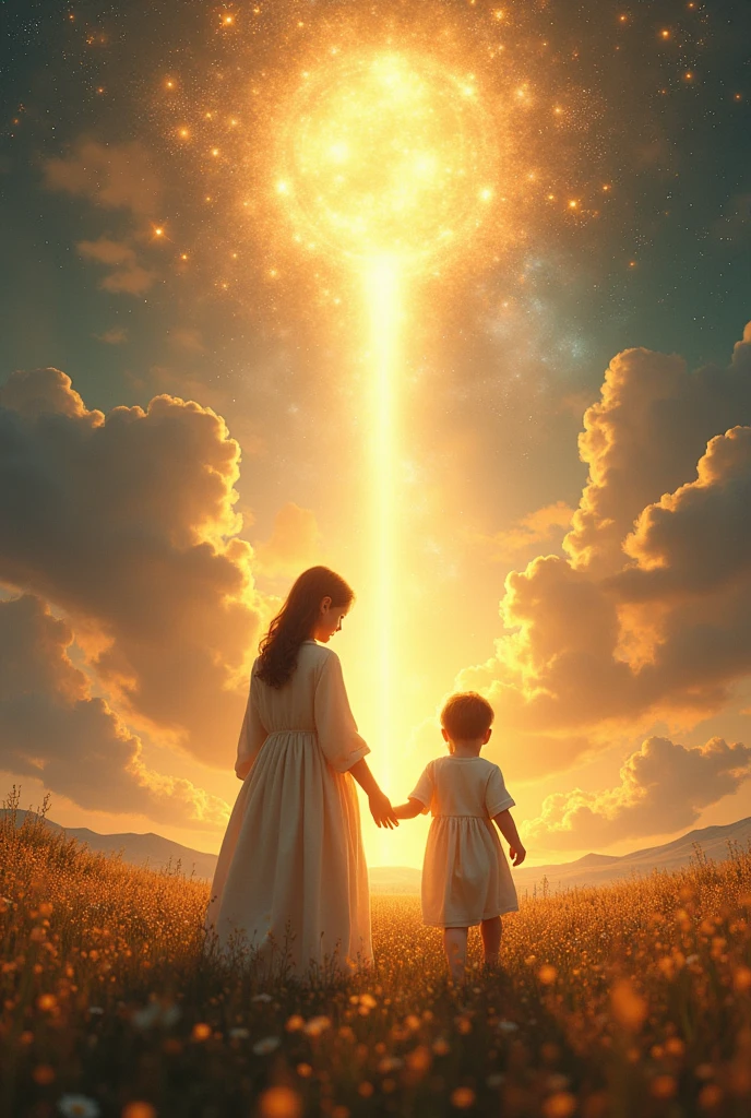 (photorealism:1.2), “You shall love your neighbor as yourself," resounded in the firmament, Guiding every action towards peace. Under the cloak of unconditional love, A sanctuary was erected where peace flourished like an eternal garden of light and wisdom.. Every act of kindness was transformed into a heavenly symphony, A testimony to the transformative power of love, revealing that “where there is love, There is life.”In this kingdom of light and love, Peace not only flourished, but expanded like an infinite constellation, Enveloping every corner of the cosmos and transforming the storm into an eternal dawn of harmony and unity, souls of light united by a golden ring a bright baby with his sister nearby