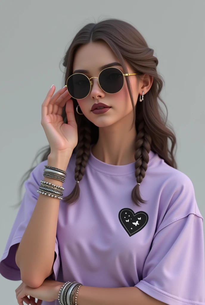 "Create an image of a young woman with long, wavy brown hair styled with two side braids on top, wearing round black sunglasses with a gold frame. She has a neutral facial expression with dark lipstick. She is touching her ear with her right hand, and she is wearing multiple silver and beaded bracelets on her left wrist. The woman is dressed in an oversized lavender T-shirt with a black print featuring a heart shape with butterflies and small dots on the left side of the chest. The background should be a plain, light gray color."