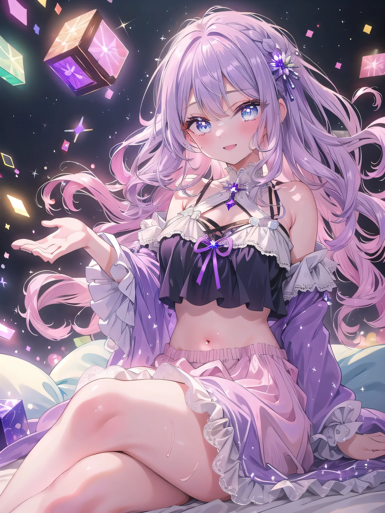 ((8k, Highest quality, masterpiece: 1.3)),Ultra-high resolution,(1 girl, alone), (Color changing eyes, Ultra-detailed, Expressive brilliance, Glitter, Glowing Eyes), Highly detailed eyes, Highly detailed face, Random Hair, ((pastel colour))Create a Vtuber character with soft lavender hair that transitions from light pastel purple at the tips to deeper violet near the roots, styled in loose, flowing waves. Her eyes should be a gradient of deep violet to lighter lilac with a subtle sparkle. She is wearing a sleek, light pink satin bralette and matching panties. The bralette features a subtle sheen and a delicate lace trim. She is sitting cross-legged on a modern bed with a white comforter and a few grey throw pillows. Her expression is joyful and engaging, showcasing a wide smile. The pose emphasizes the softness of the satin fabric and her cheerful demeanor.