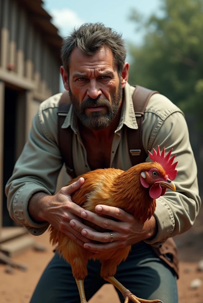 A 3d image of a farmer who is killing his hen
