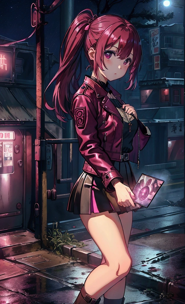 magenta、Bright and functional colors)))、(((quality)))、((very detailed))、(Surreal)、(Highly detailed CG illustrations.)、official art、CD cover、This will be、Midsummer、The glorious 1960s、1 woman,Brutal beauty、beautiful Cochetti、beautiful、Hair color、rock、leather jacket、Women's blouses,short skirt、perfect angle、perfect composition、(nighttime,train站,train,stairs,Yunxia),