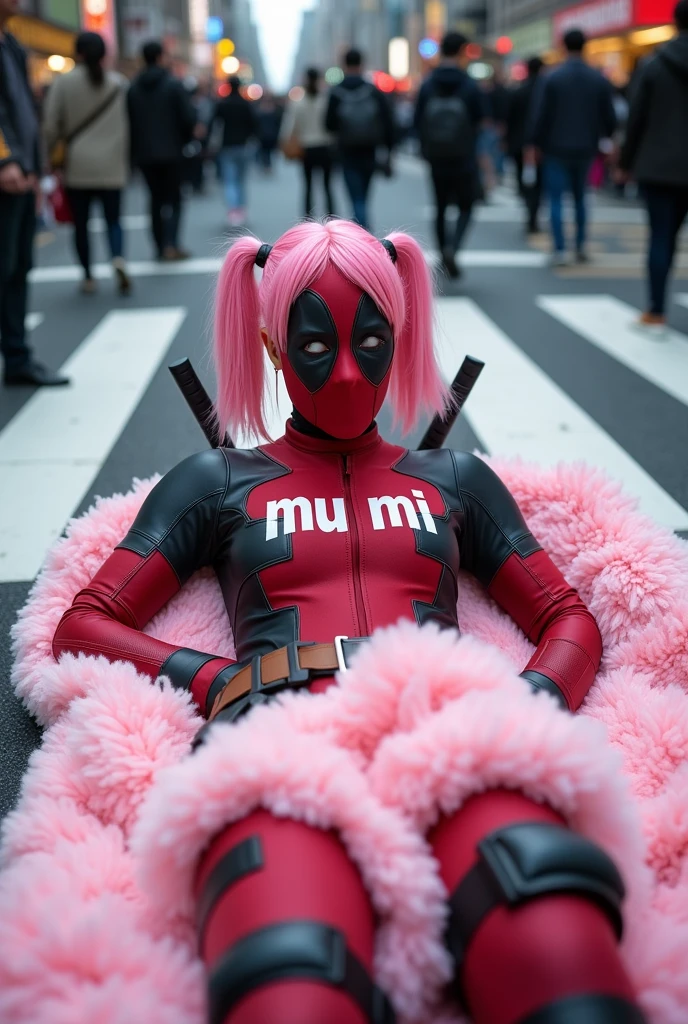 ((Highest quality)), ((masterpiece)), (photograph), ((Japanese women)), ((Deadpool costume and mask)), (((On his chest, he has the word &quot;mu mi&quot; written in white letters.))), Deadpool woman with pink hair and twin tails, Lying on a fluffy pink bath mat at Tokyo&#39;s Scramble Crossing, Surrounded by passers-by。