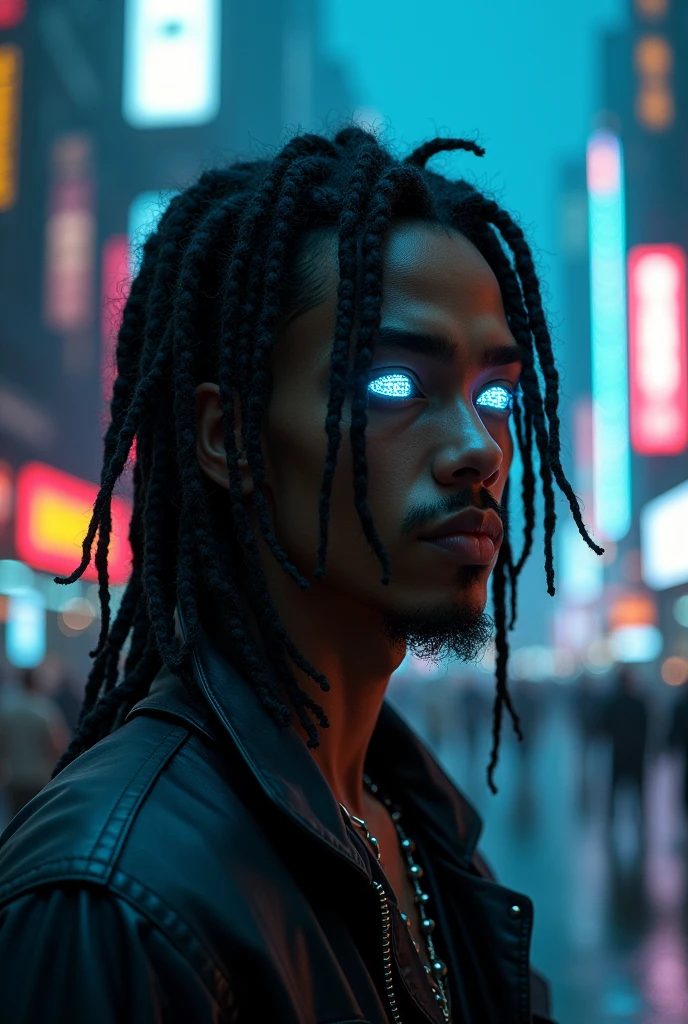 a man who is half black and half asian, locs , cyberpunk style, glowing cybernetic implants, neon cityscape background, dramatic lighting, moody color palette, cinematic composition, photorealistic, 8k, hyper detailed