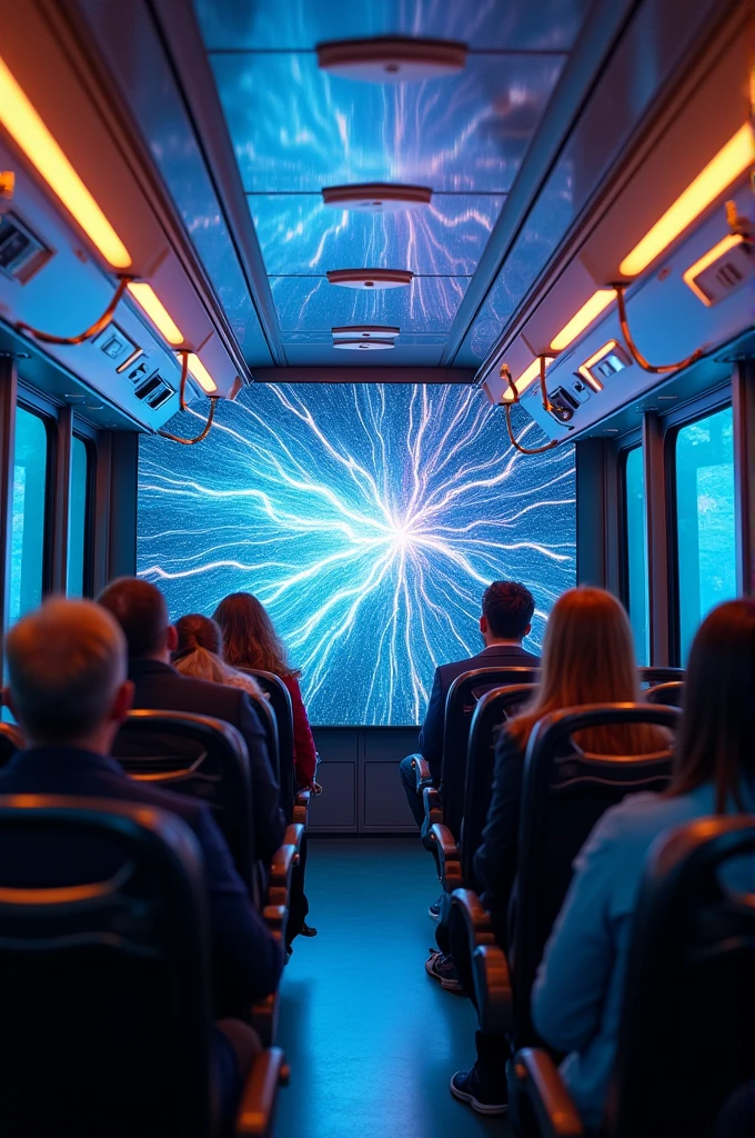 An image inside a bus showing the operation of a LED screen with sound and visual artificial intelligence