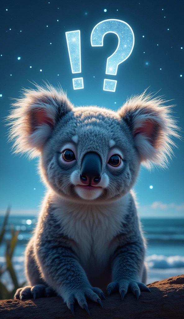 Koala close up, The sea in the background(Beautiful shining stars and sky), Shining Cat, big "!?" on the screen is written in big letters on the screen,