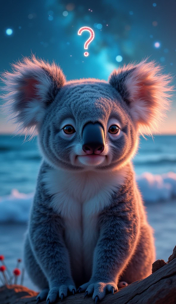 Koala close up, The sea in the background(Beautiful shining stars and sky), Shining Cat, big "!?" on the screen is written in big letters on the screen,