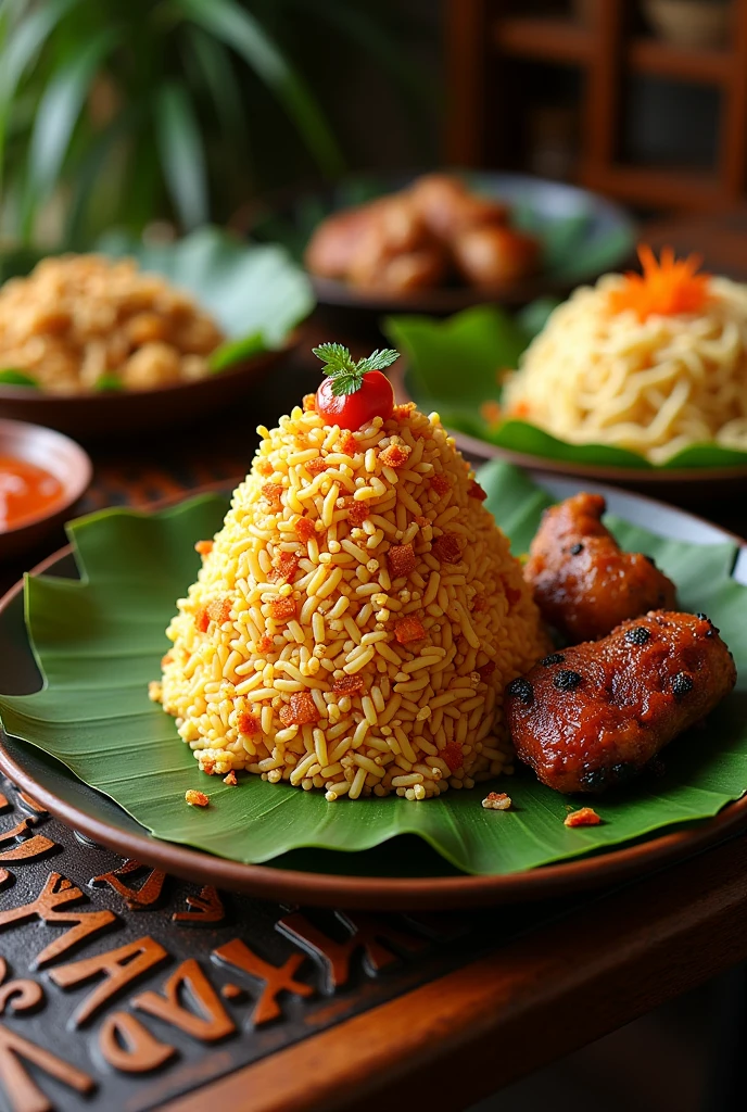 indonesian food, nasi tumpeng, ayam bakar, mie goreng with banana leaf platting and some sambal, in a table carved "DAMIAN"