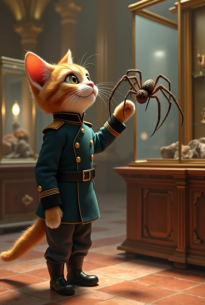 The cat in uniform was standing in front of the spider in the museum and touching it