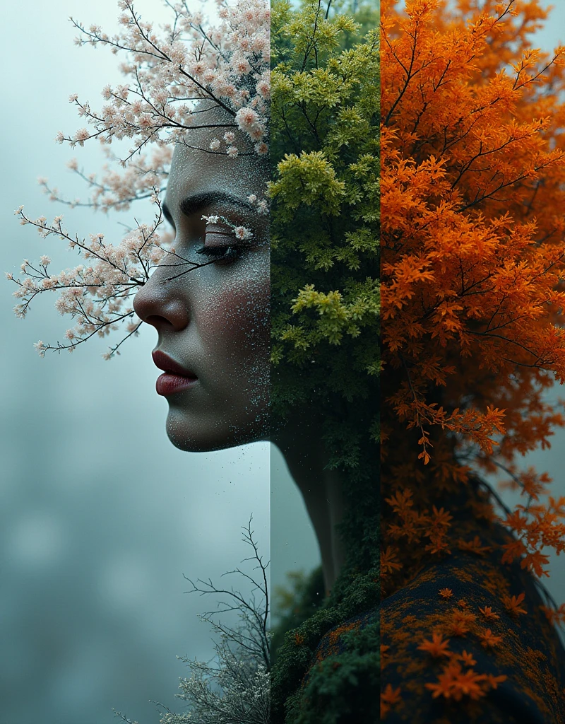 Hyper-realistic glitchcore surrealism: four razor-sharp vertical splits depicting seasons. Frosty crystalline winter, delicate pastel spring blossoms, lush verdant summer foliage, fiery autumn leaves. Double-exposed close-up silhouette with intricate digital artifacts. Ultra-high-resolution grain texture. Moody chiaroscuro lighting. Time's relentless march personified.