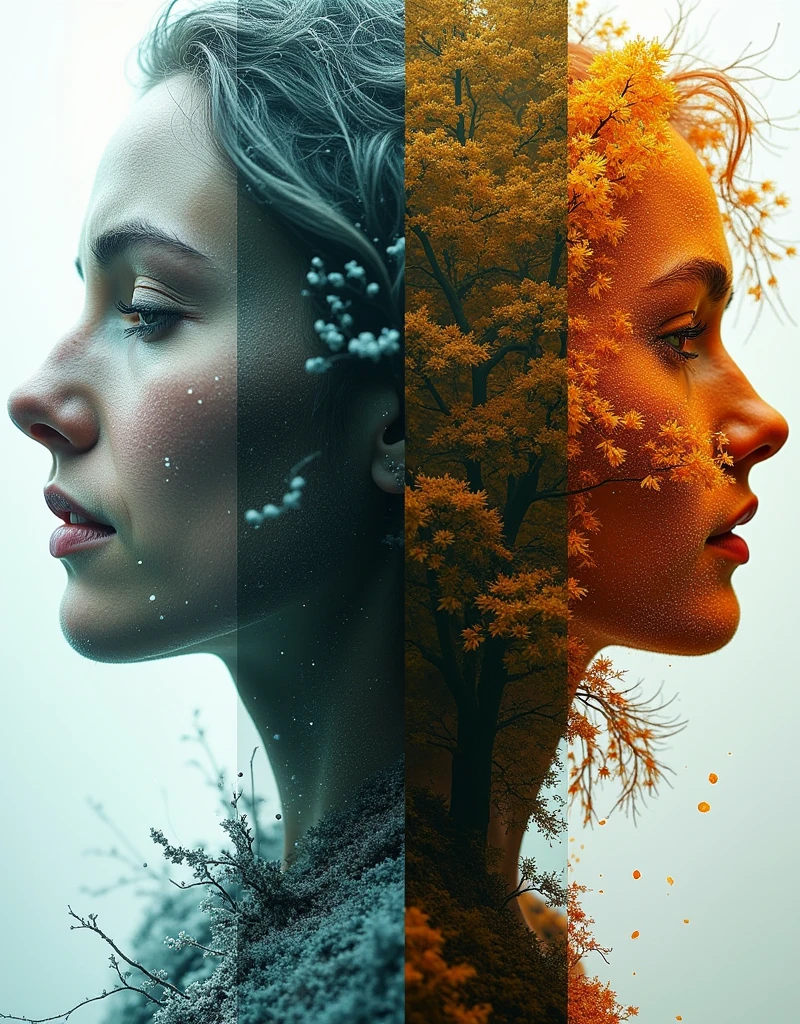 Hyper-realistic glitchcore surrealism: four razor-sharp vertical splits depicting seasons. Frosty crystalline winter, delicate pastel spring blossoms, lush verdant summer foliage, fiery autumn leaves. Double-exposed close-up silhouette with intricate digital artifacts. Ultra-high-resolution grain texture. Moody chiaroscuro lighting. Time's relentless march personified.