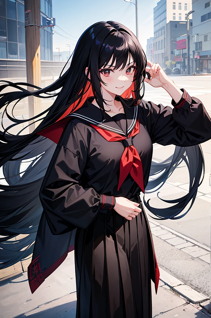 anime girl portrait, 1girl, black school uniform, long black hair, long skirt, katana over shoulder, fierce expression, smiling, red neckerchief, detailed face, intricate details, ((school exterior)), natural lightning