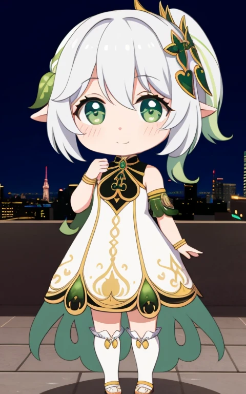 fullcg,Best quality,highest quality, 8k,Soft lighting, Confused, Looking at the audience, alone, smile, Knee socks,Nahida Genshin Impact | Character Lora 1283,((low length:1.5)),((chibi:1.5)),((little child girl)),1girl,difficult,cowboy shot,Beautiful cityscape,(standing:1.6),(Front facing:1.5),(((pretty made costume))),((making a heart with fingers)),