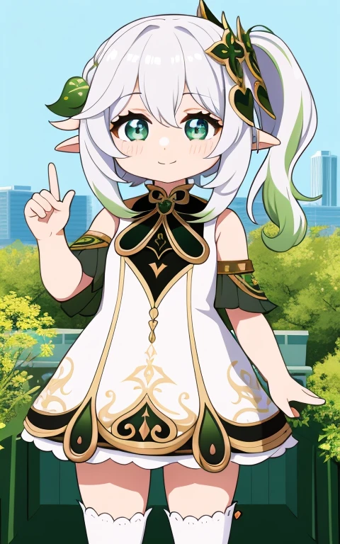  fullcg,Best quality,highest quality, 8k,Soft lighting, Confused, Looking at the audience, alone, smile, Knee socks,Nahida Genshin Impact | Character Lora 1283,((low length:1.5)),((chibi:1.5)),((little child girl)),1girl,difficult,cowboy shot,Beautiful cityscape,(standing:1.6),(Front facing:1.5),(((pretty made costume))),((making a heart with fingers)),