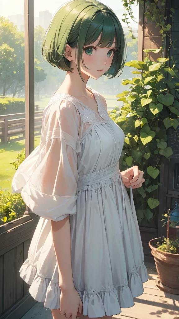 (masterpiece、Highest quality、Highest quality、Beautiful and beautiful:1.2)、(pastel:1.2)、Aerial view、Standing posture、Bobcut、Has bangs、Beautiful round green eyes、The morning light shines in my eyes、stroll、Puppy's happy tail、smile、Birds chirp、Pure、charm、Newsboy cap、Long Dress、Sneakers、Light green leaves、Dark green leaves、Beautiful art