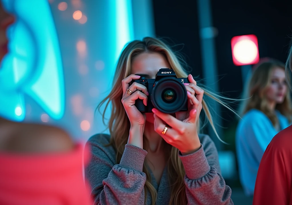 beautiful women taking pictures with sony alpha 6700 camera, hairs blowing, natural background