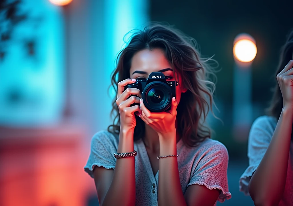 beautiful women taking pictures with sony alpha 6700 camera, hairs blowing, natural background