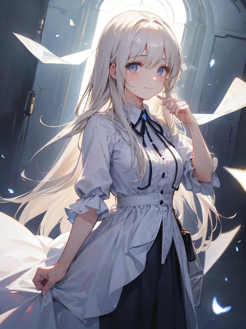 1 Female、Long-haired woman standing in the light、The shining surroundings、(Women are in tears)、The face is smiling、White dress shirt、Highlights from behind a woman, dark background, 