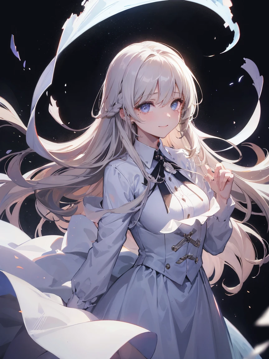 1 Female、Long-haired woman standing in the light、The shining surroundings、(Women are in tears)、The face is smiling、White dress shirt、Highlights from behind a woman, dark background,