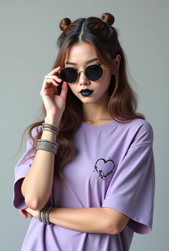 "Create an image of a young woman with long, wavy brown hair styled with two side braids on top, wearing round black sunglasses with a gold frame. She has a neutral facial expression with dark lipstick. She is touching her ear with her right hand, and she is wearing multiple silver and beaded bracelets on her left wrist. The woman is dressed in an oversized lavender T-shirt with a black print featuring a heart shape with butterflies and small dots on the left side of the chest. The background should be a plain, light gray color."