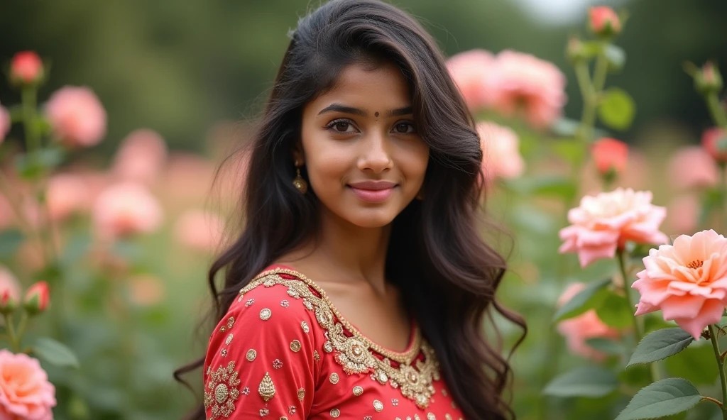 A beautiful Indian girls inside the garden in background many rose flowers .