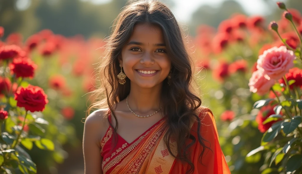 A beautiful Indian girls inside the garden in background many rose flowers .