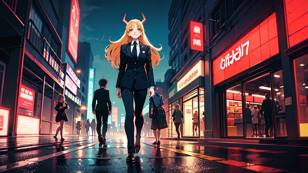 Create a digital illustration in the style of 90s anime art. The character should resemble a young woman with long blonde hair, yellow eyes, and red horns, wearing a white shirt and black tie. She should be standing in a neon-lit city street at night, with vibrant signs and glowing lights reflecting off the wet pavement. The background should capture the essence of a bustling urban environment, with a mix of modern and retro elements, all rendered in the distinct, detailed, and slightly grainy style typical of 90s anime.