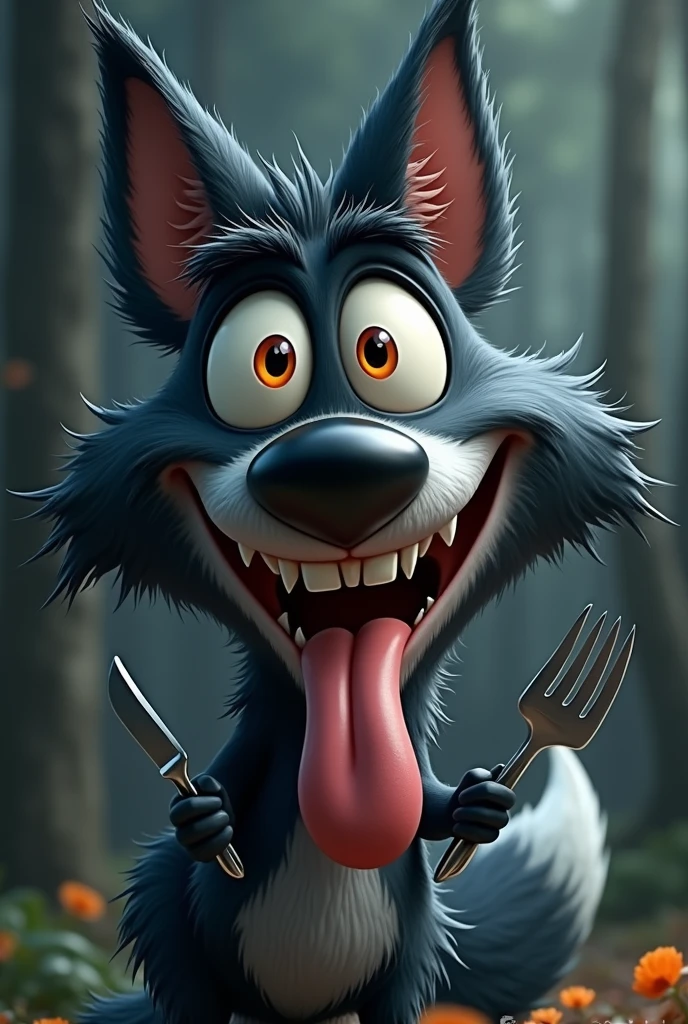 A whimsical, cartoonish black fox with large, expressive orange eyes, and exaggerated facial features stands with a mischievous, wide-eyed grin, holding a fork in one hand and a knife in other hand and matching the exact expression as the reference image:1.5. The fox's fur is dark black with tufts of fur adding texture and character. Its mouth is open wide with a comically large tongue sticking out, adding to its playful and mischievous appearance. The overall style is highly detailed with a touch of (hand-painted quality:1.4), focusing on exaggerated expressions:1.3, vibrant colors, and a humorous, light-hearted mood. The background is a softly blurred, dark-toned forest with hints of light filtering through the trees, adding to the magical and whimsical atmosphere.