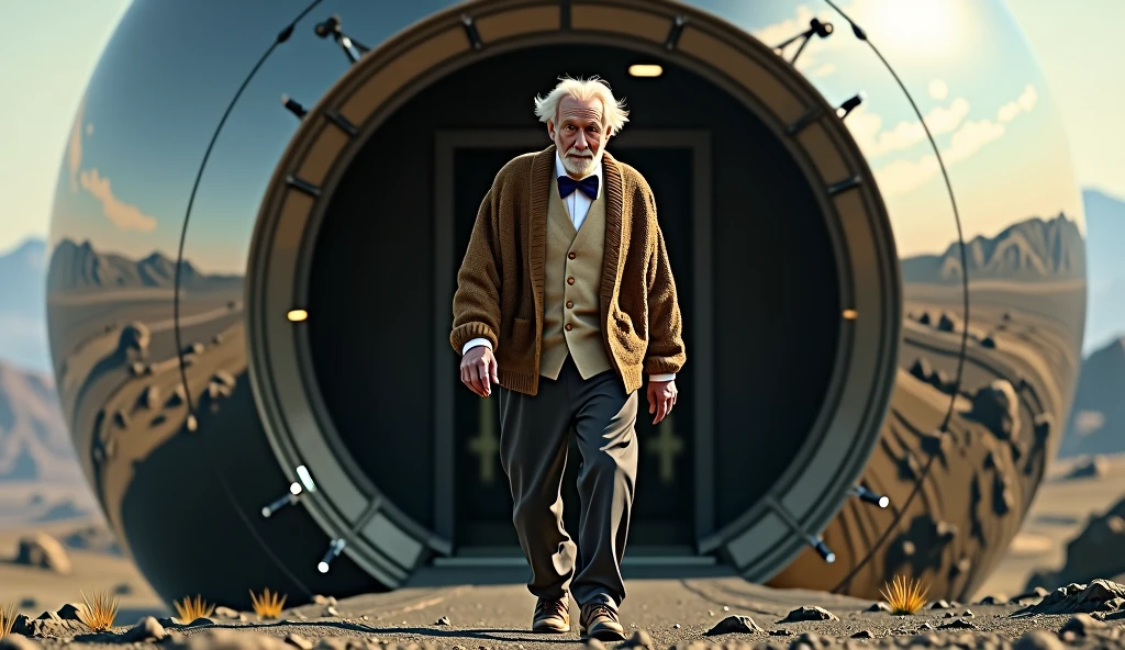 frail old man, cardigan sweater, bow tie, dark pants, brown shoes, stepping out of a huge mirrored spherical spacecraft, photo realistic