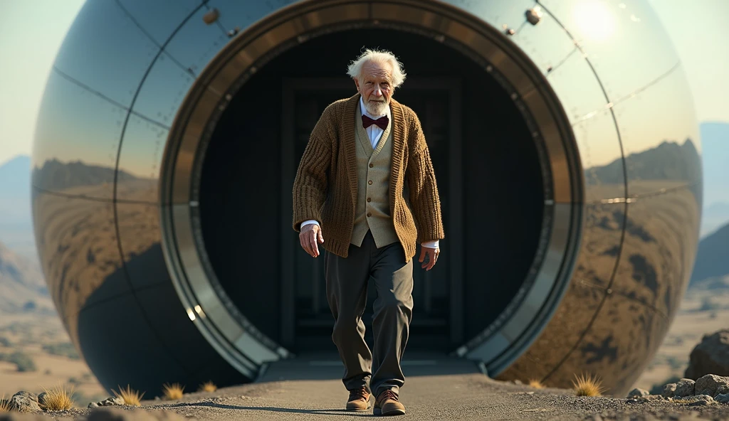 frail old man, cardigan sweater, bow tie, dark pants, brown shoes, stepping out of a huge mirrored spherical spacecraft, photo realistic